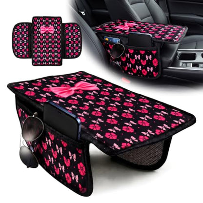 Pink Bow Car Center Console Armrest Cover with 2 Side Pockets (Bows-Black&Pink)