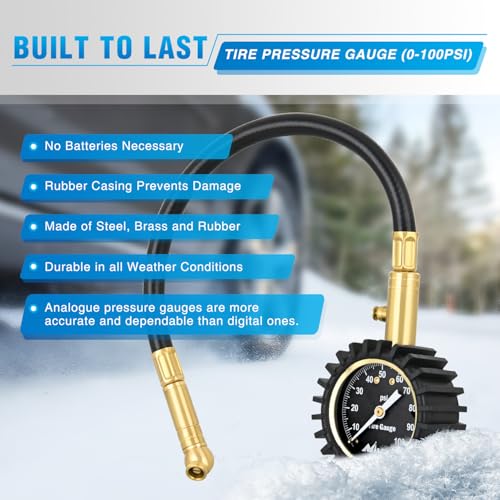 100PSI Tire Pressure Gauge Glow Dial 14" Extended Hose (Night Glow Tire Gauge)