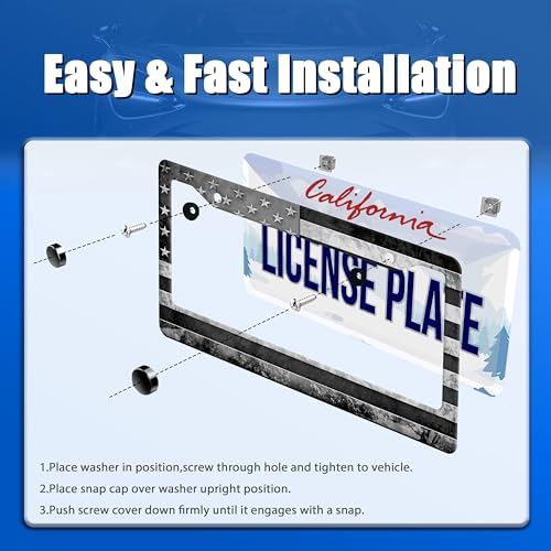 Grey Black American License Plate Frame Stainless Steel Holder 12.3" x 6.3" (Grey Black American Flag USA Flag)