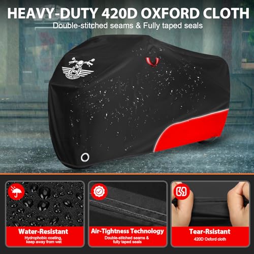 Motorcycle Cover Waterproof Outdoor Storage All Season Protection (420D Red / 96.5")