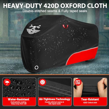 Motorcycle Cover Waterproof Outdoor Storage All Season Protection (420D Red / 104")