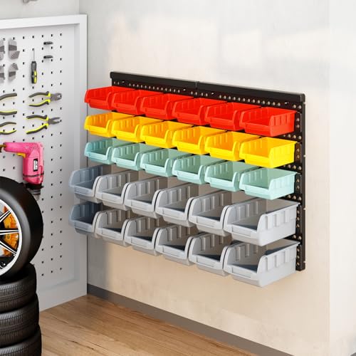 Wall Mounted Storage Bins Parts Rack 4 Colors Bin Organizer Garage Plastic Shop Tool (25.2"*16.2" / Serene)