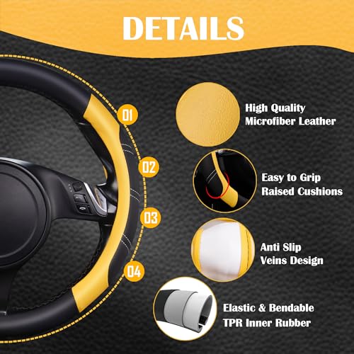 Line Rider Microfiber Leather Sporty Steering Wheel Cover Universal Fits for 95% Truck (Black＆Yellow / Standard[14.5"-15"])