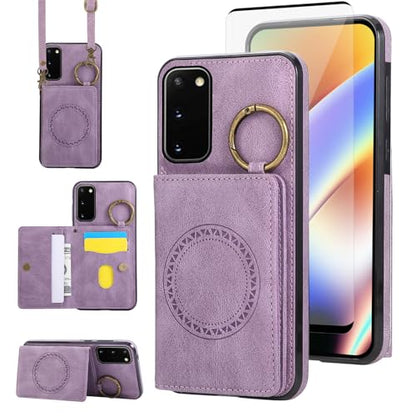 Compatible with Samsung Galaxy S20 5G 6.2 inch Wallet Case and Screen Protector Crossbody Shoulder Strap Ring Buckle Stand Card Holder Magnetic Car Mount Cell Phone Cover for S 20 Women Men Purple (Purple / for S20)