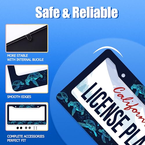 Sea Turtle License Plate Frame Stainless Steel Accessory 12.3"x 6.3" (Funny Turtle Blue Beach Animal)