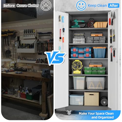Metal Garage Cabinet with Wheels and Pegboard 71'' x 32'' x 16'' (Grey&white / 16"D x 32"W x 71"H)