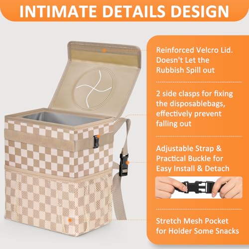 Car Trash Can with Lid Leak Proof Car Accessories for Women (2.2 Gallons / Khaki Checkered)