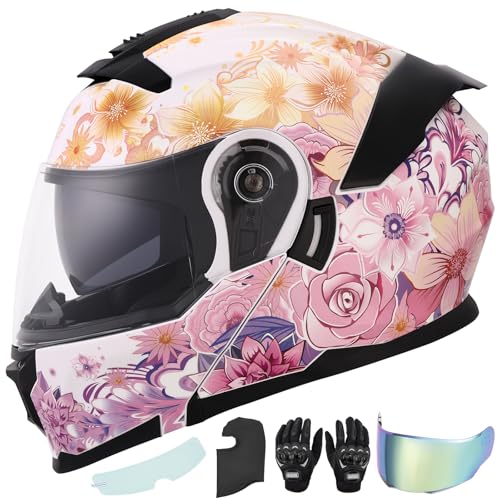 Pink Modular Motorcycle Helmets Full Face Flip up Street Bike Motorcycle Helmet for Unisex Adult Flower Sea (Flower Sea Pink / XX-Large)