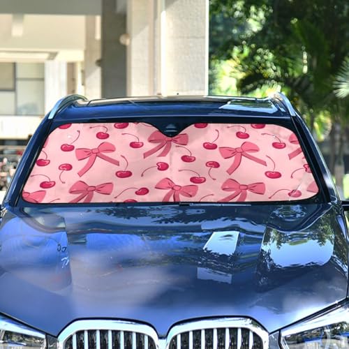 Car Windshield Sun Shade Bow Cherry Pink Foldable Car Front Windshield Sunshade Blocks UV Rays Sun Visor Heat Protection for Truck SUV to Keep Your Vehicle Cool (Medium / Bow Cherry Pink)
