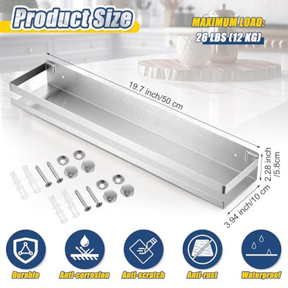 2 Pieces Stainless Steel Shelf Bathroom Shower Floating Shelves Wall Mounted Shower Caddy Basket Shelf Storage Organizer Shelves for Bathroom (19.69 Inches/ 50 cm / Silver)
