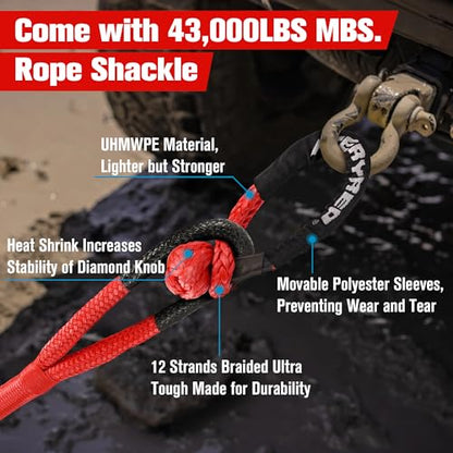 Kinetic Recovery Rope Kit with 2 Soft Shackles (Red / 7/8” x 20 FT)