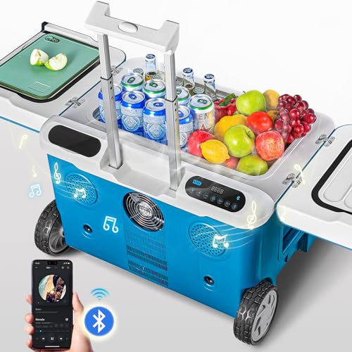 Car Fridge 40Quart（36L） Portable 12 Volt Car Refrigerator Cooler with Wheels&Bluetooth Speaker&Handle&Battery Powered (36L / Blue)