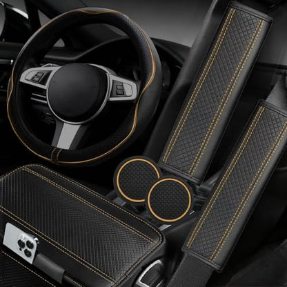 6 PCS Car Steering Wheel Cover Set (Steering Wheel Cover Set / Black with beige)