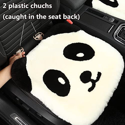 Genuine Sheepskin Car Seat Cushion Seat Covers for Cars Trucks SUV Comfort Seat Protector Pad for Car Driver Seat Car Accessories for Women Office Chair Car Decor (Panda / Front Seat Cushion-1 Pc)