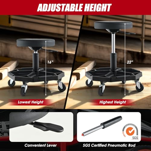 Mechanic Stool with Wheels (Black / Tool Tray)
