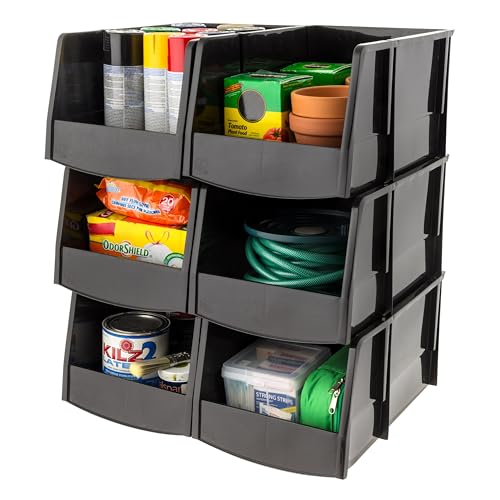 6-Pack, Jumbo Open Front Stackable Storage Bins, Black (Jumbo - 6 Pack / Color_Black)
