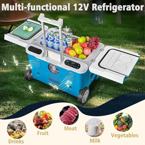 Car Fridge 40Quart（36L） Portable 12 Volt Car Refrigerator Cooler with Wheels&Bluetooth Speaker&Handle&Battery Powered (36L / Blue)