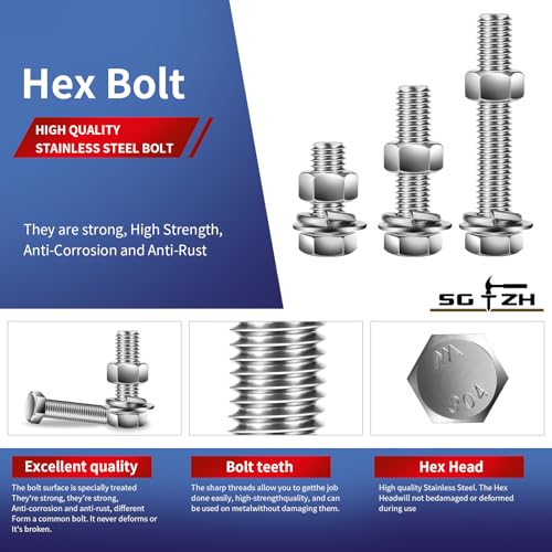 3/8-16 x 1-1/4" Hex Head Screw Bolt, Nuts, Flat & Lock Washers, 20Pcs 18-8 (304) Stainless Steel, Fully Threaded, by SG TZH (3/8-16 x 1-1/4" / Silver)