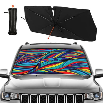 Neon Wave Print Car Sunshade Umbrella Colorful Neon Windshield Sun Shade for Car Retractable Umbrella Sunshades for Front Window Sun Shades Cover Visor Portector Block UV Ray (One Size / Style9)