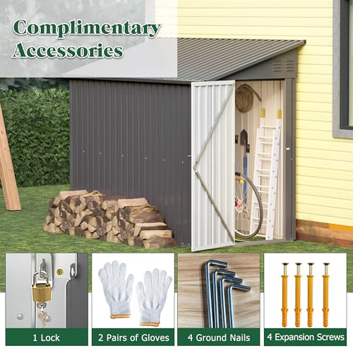 Lean to Storage Shed 4x8 FT Metal Sheds & Outdoor Storage Cabinet Lockable Tool Organization Bike Mower Shed Portable Outside for Garden Patio (4×8ft / Gray)