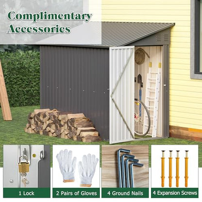 Lean to Storage Shed 4x8 FT Metal Sheds & Outdoor Storage Cabinet Lockable Tool Organization Bike Mower Shed Portable Outside for Garden Patio (4×8ft / Gray)