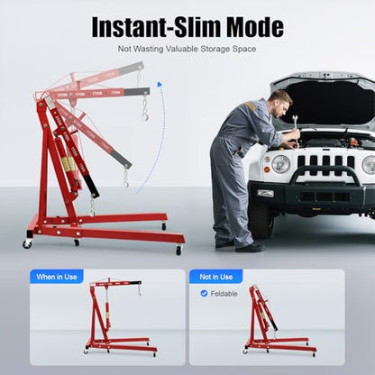 Folding Engine Hoist 1 Ton Engine Crane Lift with 6 Caster Wheels 2200LBS Steel Hydraulic Engine Crane 4 Adjustable Positions for Car Fixing Workshops Garages Warehouse (Red 2T)