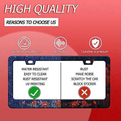 Blue Flower Jean License Plate Frame Stainless Steel Car Accessory 6.3x12.3 (Flower Blue Jean Design)