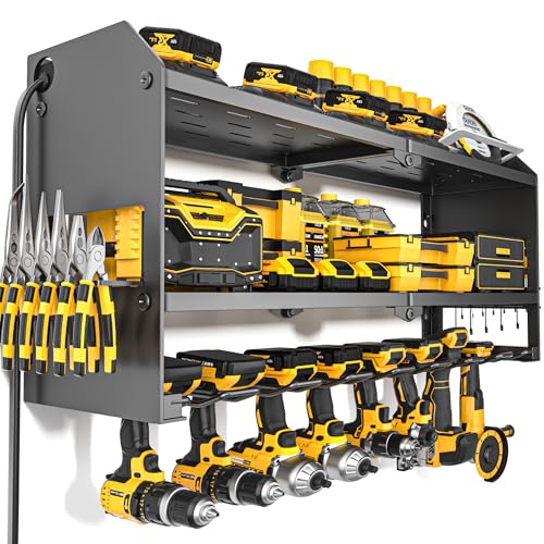 Power Tool Organizer with Charging Station Wall Mount (with Power Strip / Black)