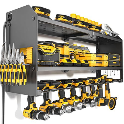 Power Tool Organizer with Charging Station Wall Mount (with Power Strip / Black)