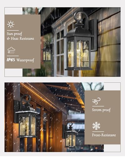 2 Packs Outdoor Waterproof Wall Lights Fixture (Matte Black, Water Ripple Glass / 15", 2 Pack)