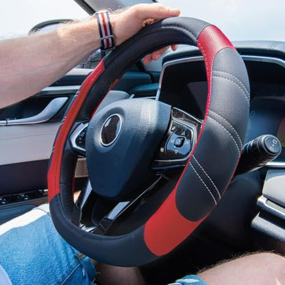 Line Rider Microfiber Leather Sporty Steering Wheel Cover Universal Fits for 95% Truck (Black＆Red / Standard[14.5"-15"])
