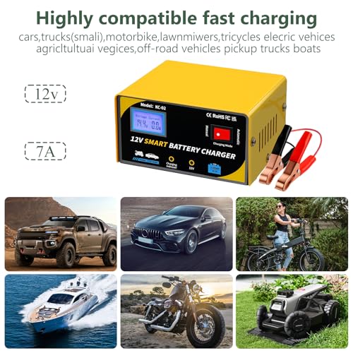 12 Volt Battery Charger 7A Smart Car Battery Charger and Maintainer with Cable Clamps (YELLOW-12)