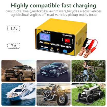 12 Volt Battery Charger 7A Smart Car Battery Charger and Maintainer with Cable Clamps (YELLOW-12)