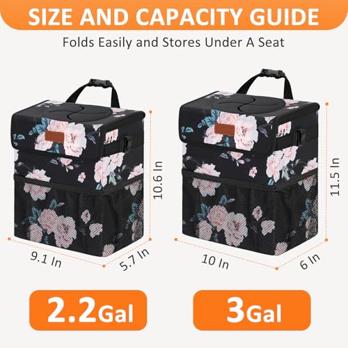 Car Trash Can with Lid Leak Proof Car Accessories for Women (2.2 Gallons / Black Floral)