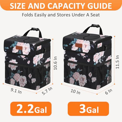 Car Trash Can with Lid Leak Proof Car Accessories for Women (2.2 Gallons / Black Floral)