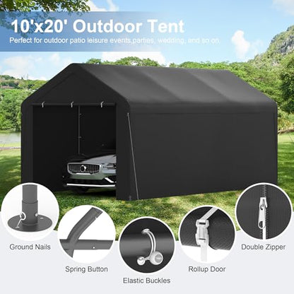 Carport 10‘ x 20’ Garage Car Canopy w (Black / 10' x 20' /with side)