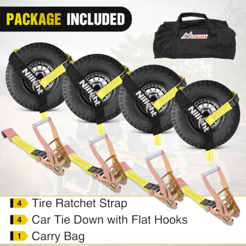 4 Pack 2" x 10' Car Tie Down Straps with Flat Hooks Heavy Duty Adjustable Wheel Ratchet Straps for Hauling UTV (4Pcs 2in x 10ft Straps with Flat Hooks)