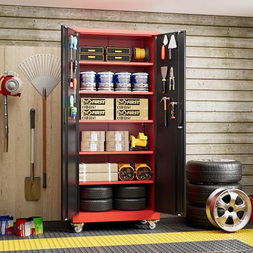 Garage Storage Cabinet with Pegboard (Black&red / 16"D x 32"W x 71"H)