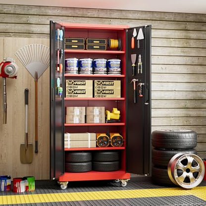 Garage Storage Cabinet with Pegboard (Black&red / 16"D x 32"W x 71"H)