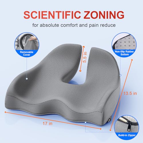 XL Ergonomic Seat Cushion Relieves Sciatica & Tailbone Pain (Grey / X Large)