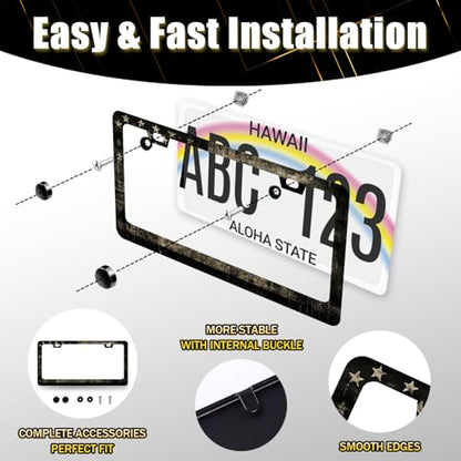Stainless Steel American Flag Camo License Plate Frame 12.2 x 6.2 Inch (Retro American Flag Print)