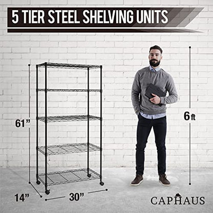 3/4/5-Tier Adjustable Height Wire Shelving Unit, Wire Rack Shelving, Metal Steel Storage Shelves, Garage Shelving Storage Organizer, Utility Storage Shelf, 5-Tier With Wheels, Black (5-tier / W/ Wheel)