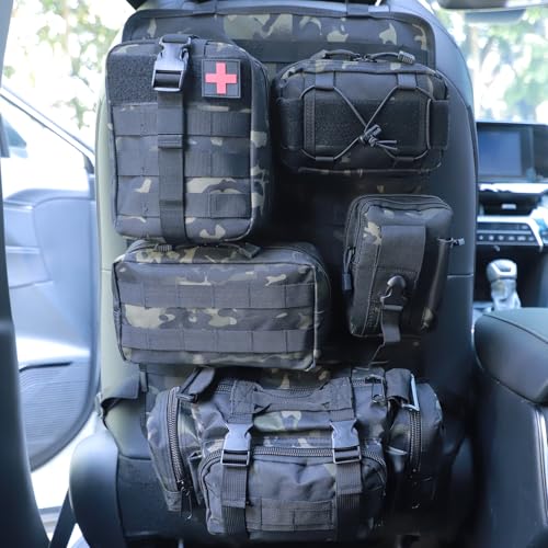 Universal Tactical Seat Back Organizer Vehicle Molle Panel Organizer Storage Bag with 5 Detachable Molle Pouch for All Vehicel Such as Jeep (B model-Black Camo)