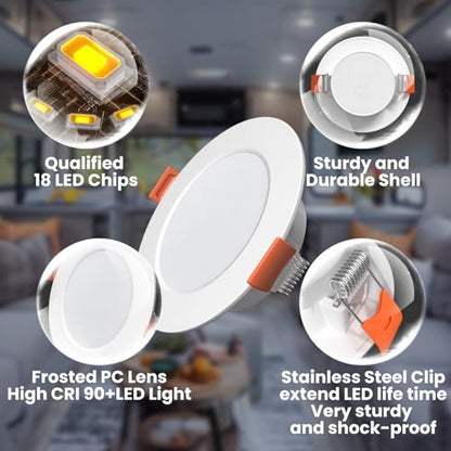 12 Volt 3 Inch Ultra Thin LED Recessed Ceiling Lights for RV Interior 3W 6000K 12V LED Downlights Dimmable RV Puck Lights for Camper Van Boat Under Cabinet Lighting (6000K 6-Pack)