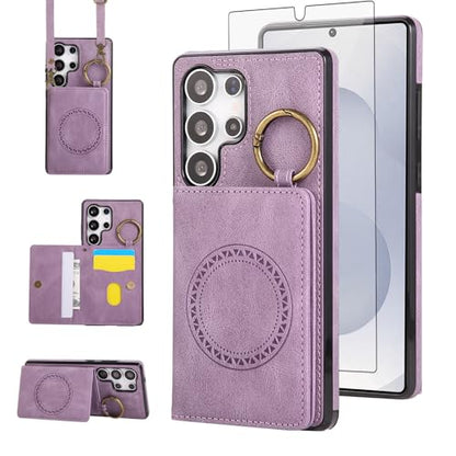 Compatible with Samsung Galaxy S24 Ultra 5G Wallet Case and Screen Protector Crossbody Shoulder Strap Stand Card Holder Magnetic Car Mount Cell Phone Cover for S24Ultra S 24 24Ultra Women Men Purple (Purple / for S24 Ultra)