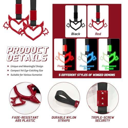 2 Pcs Devil Heart Shaped Car Handle Strap (Red-Wing)