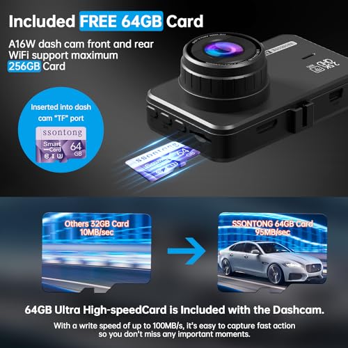 Dash Cam Front and Rear (64GB-A16W Dash Cam Front and Rear 2.5K WiFi)