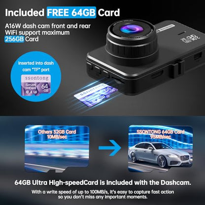 Dash Cam Front and Rear (64GB-A16W Dash Cam Front and Rear 2.5K WiFi)