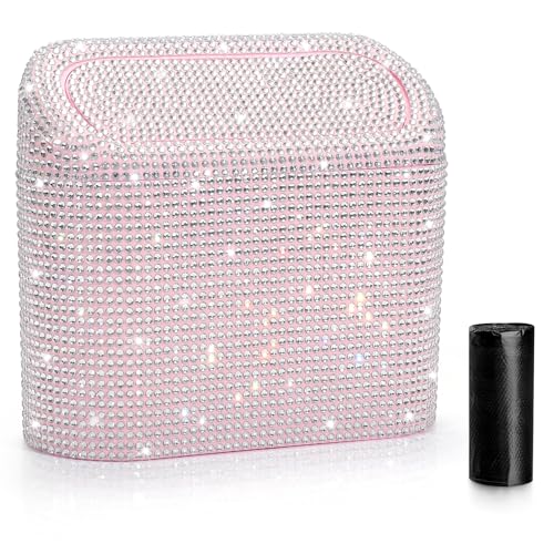 Bling Car Trash Can with Lid (Light Pink/White Rhinestone)