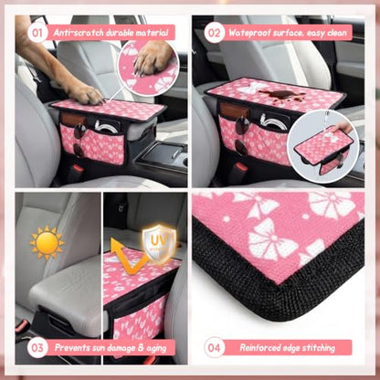 Pink Bow Car Center Console Armrest Cover with 2 Side Pockets (Bows-Whitek&Pink)